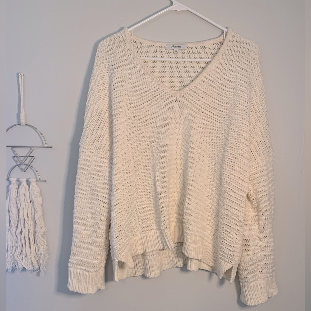 Madewell Cream Open Knit Vneck Cuffed Sleeve Sweater size XL